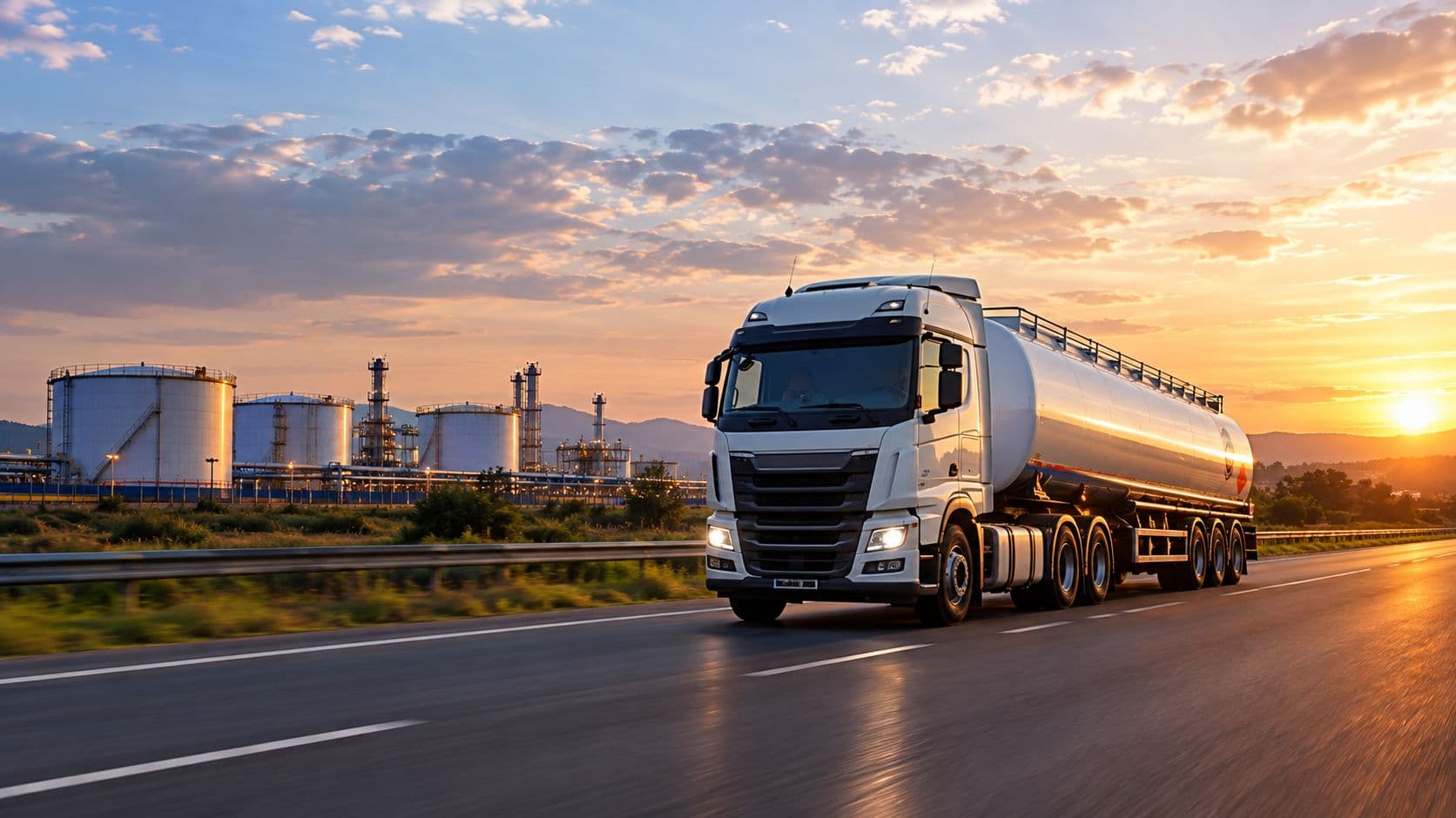 Camion-citerne sur route au coucher du soleil, dépôt pétrolier en arrière-plan